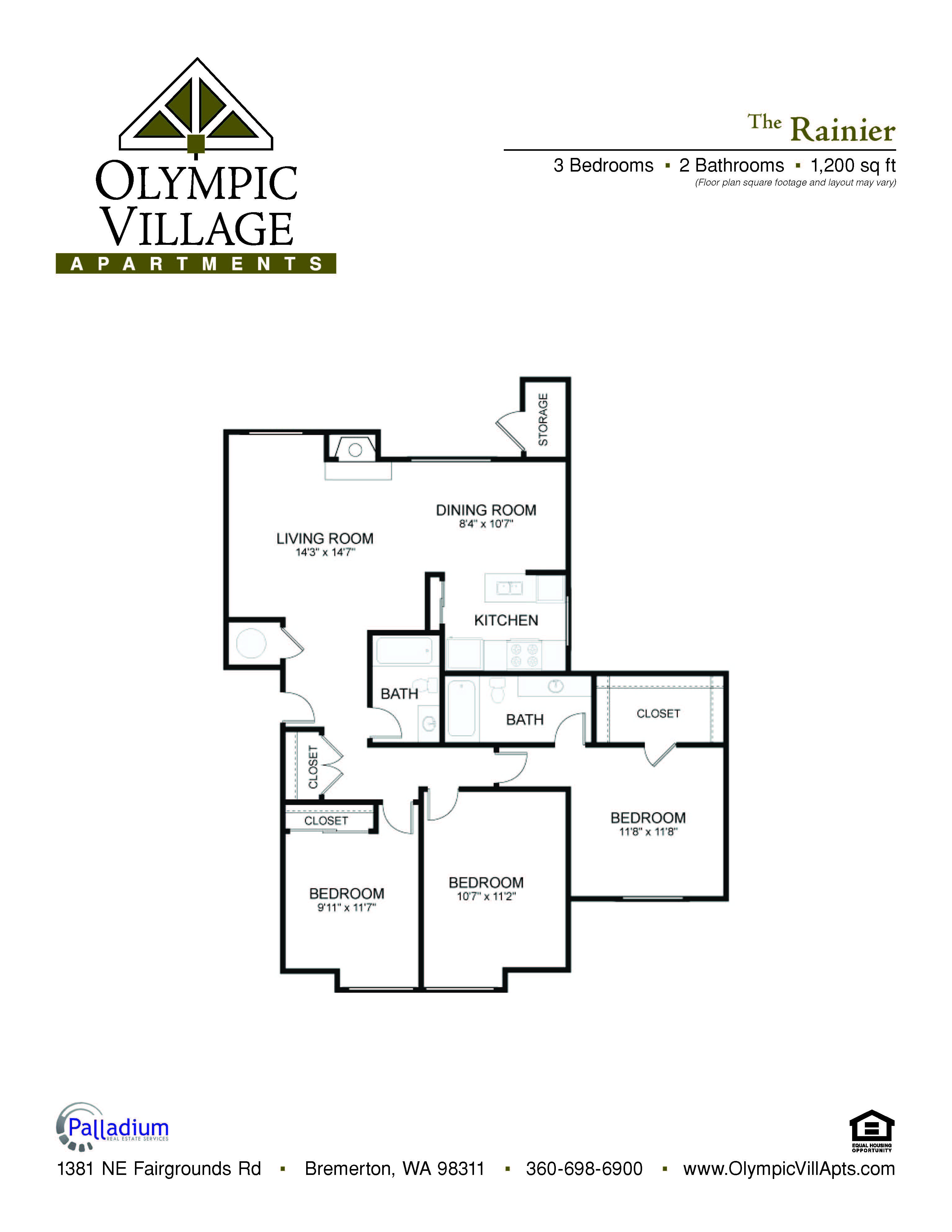 Floor plan for 3 beds, 2 baths, 1200 sqft